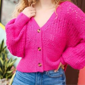 Over Sized Vibrant Pink Button-Up knitted Women's Sweater